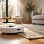 White round robot vacuum cleaning a sunny living room floor beside a woven rug