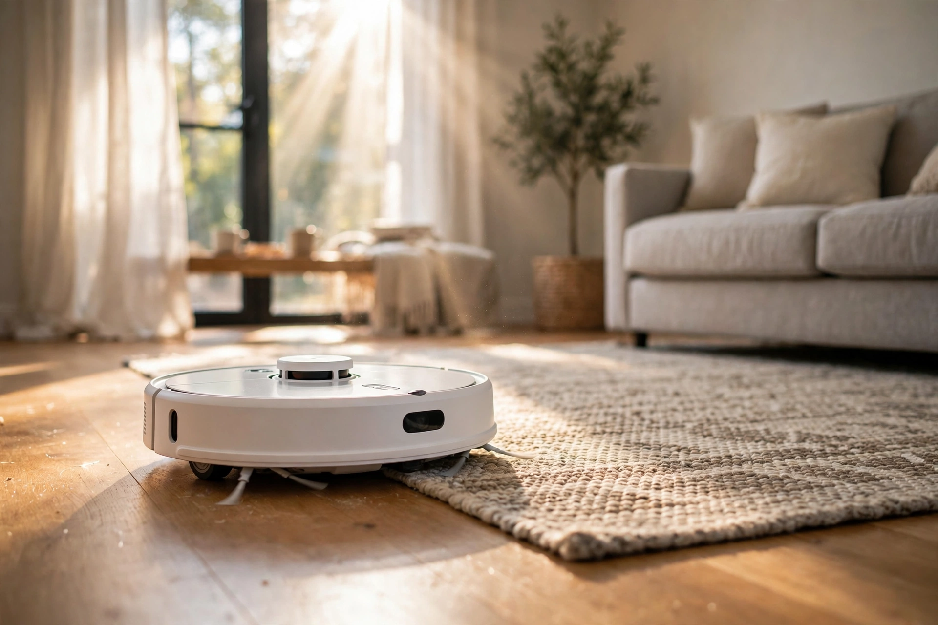 White round robot vacuum cleaning a sunny living room floor beside a woven rug