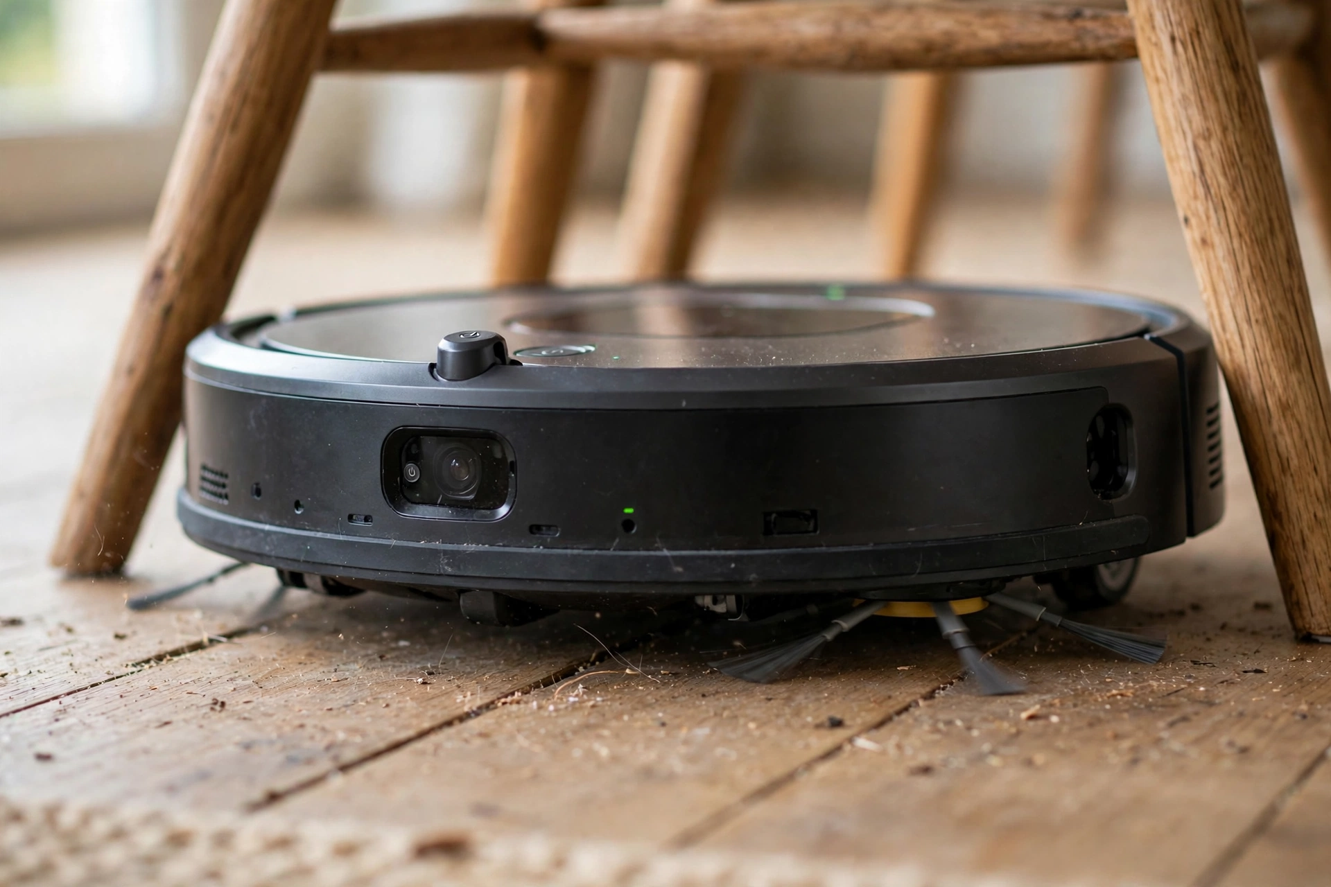 Black robot vacuum with a front camera sensor navigating around wooden chair legs