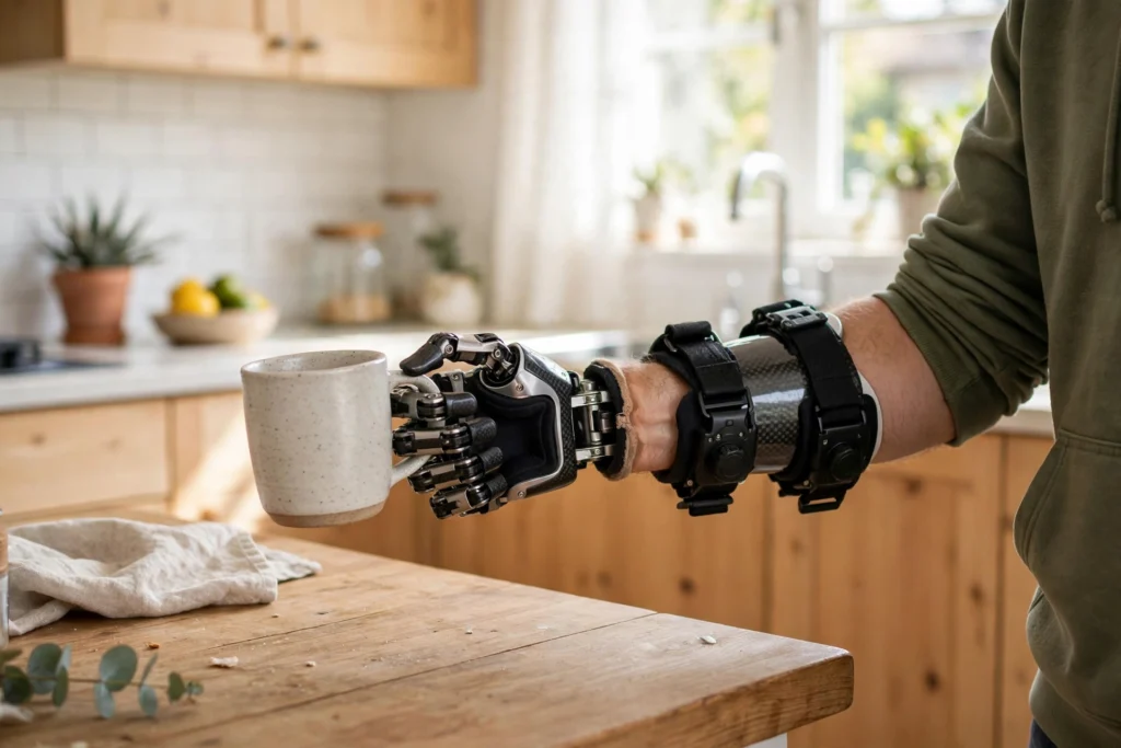 Person using a robotic prosthetic hand to hold a ceramic cup in a bright kitchen