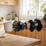 Person using a robotic prosthetic hand to hold a ceramic cup in a bright kitchen