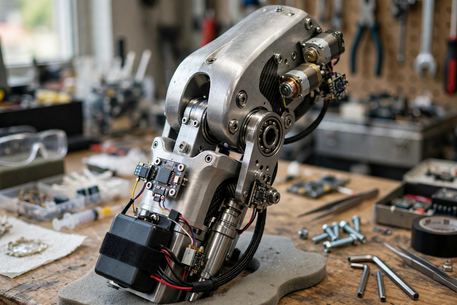 Close-up of a robotic prosthetic knee joint with motors, sensors, and a battery pack on a workbench