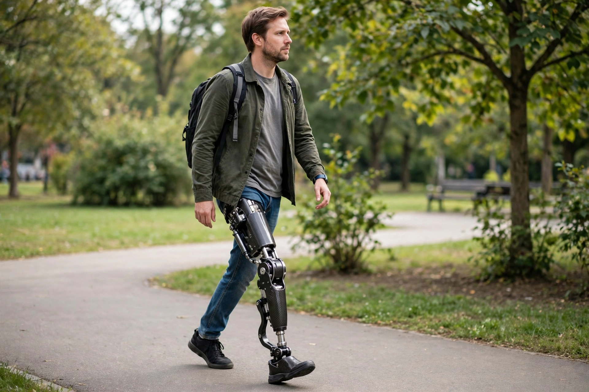 Person walking on a park path wearing a robotic prosthetic leg