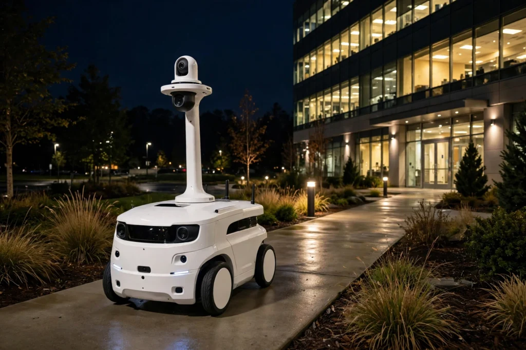 White security patrol robot with cameras moving along an outdoor walkway at night beside a lit building