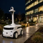 White security patrol robot with cameras moving along an outdoor walkway at night beside a lit building