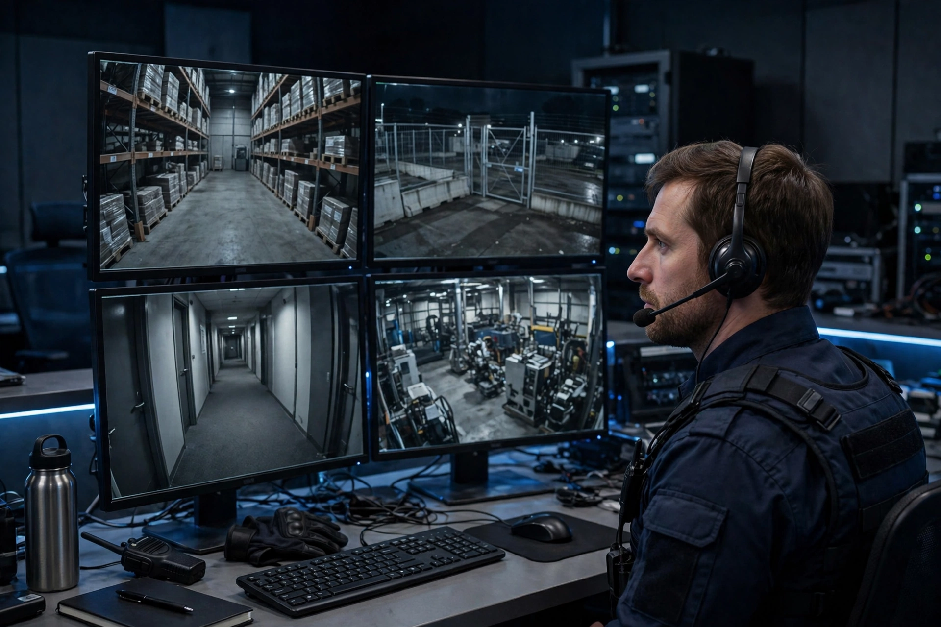 Security operator watching patrol robot camera feeds on monitors in a control room