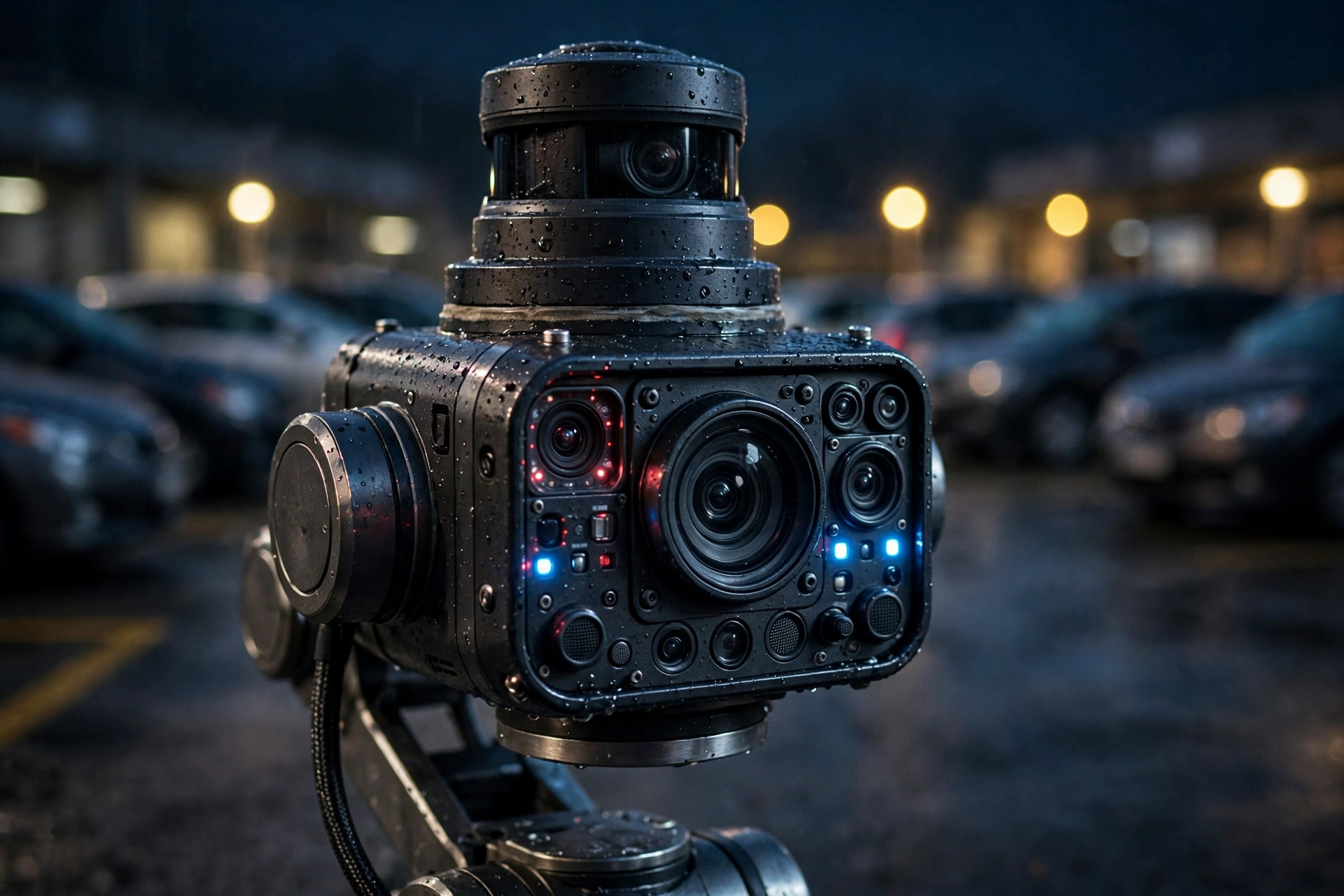 Close-up of a security patrol robot's camera and sensor head scanning a car park at night