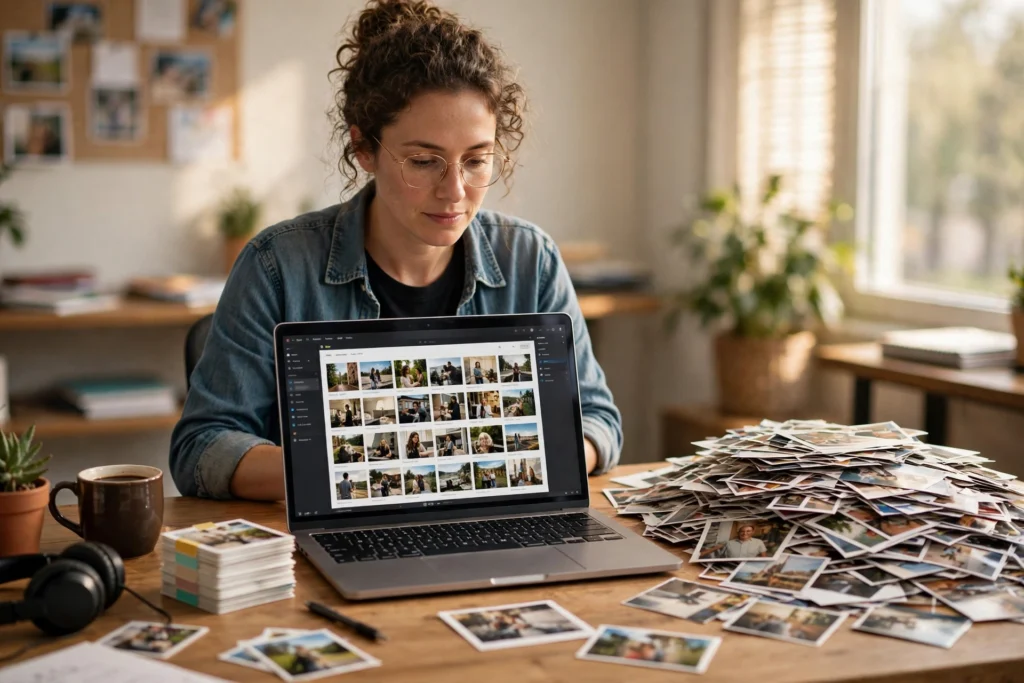 Woman at a laptop reviewing a grid of photos beside a small stack of labeled prints and a large pile of unlabeled photos