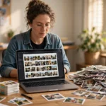 Woman at a laptop reviewing a grid of photos beside a small stack of labeled prints and a large pile of unlabeled photos