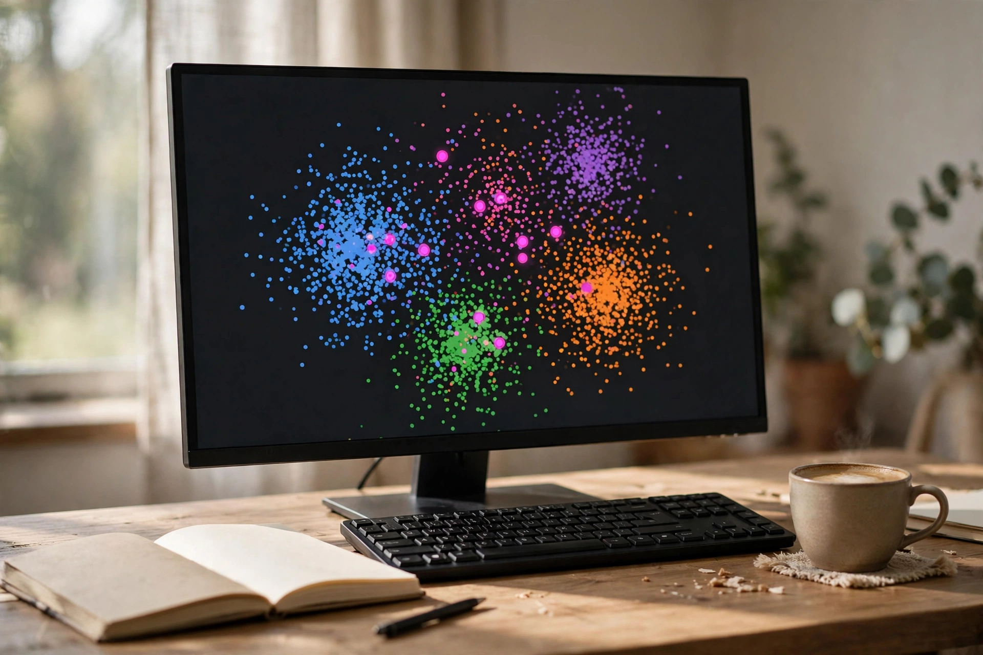 Computer monitor showing colorful clusters of data points with a few highlighted points standing out