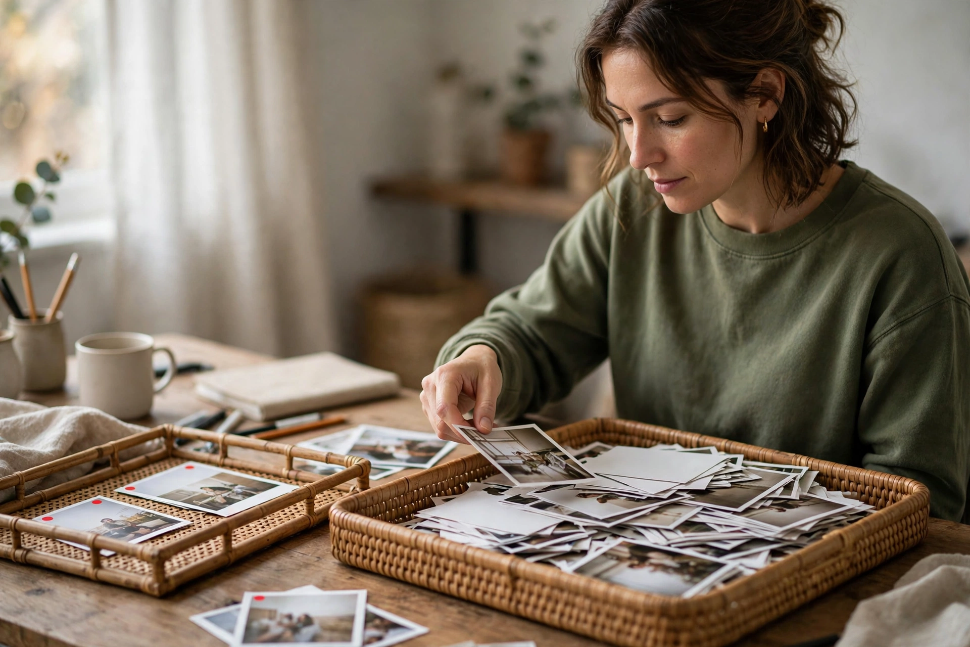 Woman sorting printed photos into a small tray of marked photos and a large basket of unmarked photos