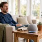 Round grey smart speaker with a glowing blue light ring on a wooden side table while a man speaks from a sofa in a bright living room