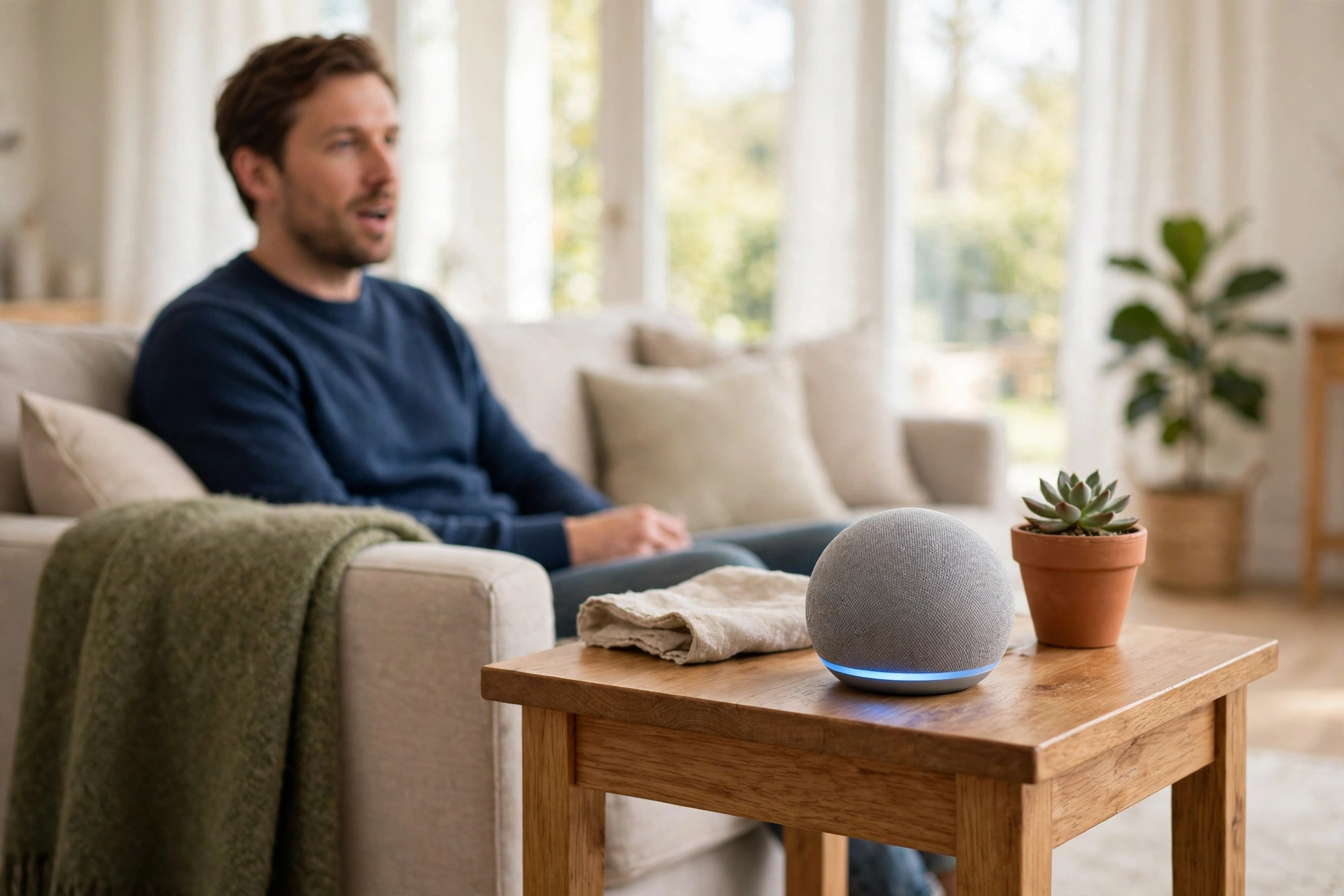 Round grey smart speaker with a glowing blue light ring on a wooden side table while a man speaks from a sofa in a bright living room