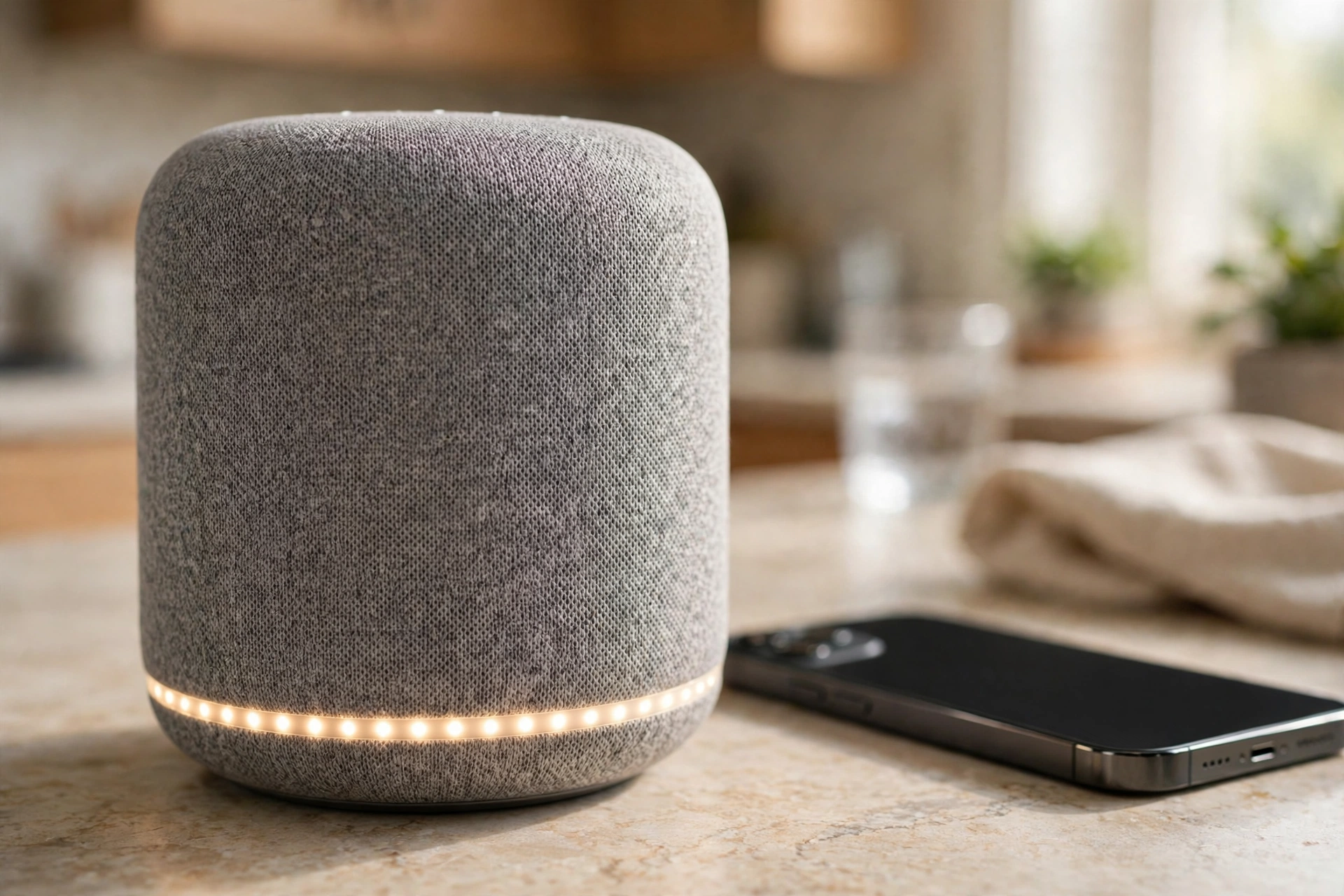 Grey fabric smart speaker with a glowing light ring on a kitchen counter beside a smartphone