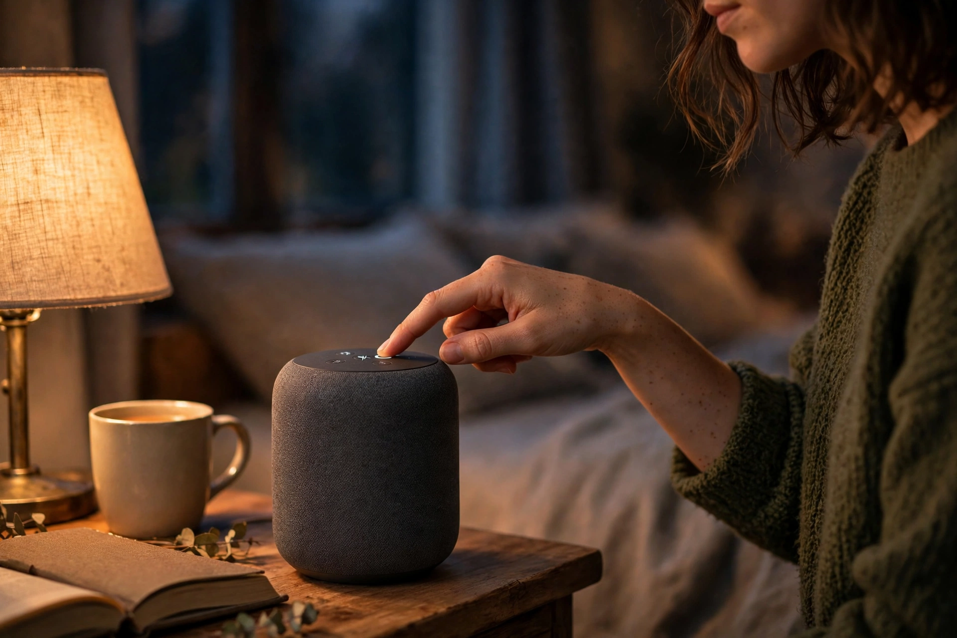 Person pressing the top button of a dark grey smart speaker on a bedside table beside a lamp and a mug
