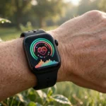 Person wearing a black smartwatch outdoors showing a colourful heart-rate and activity display