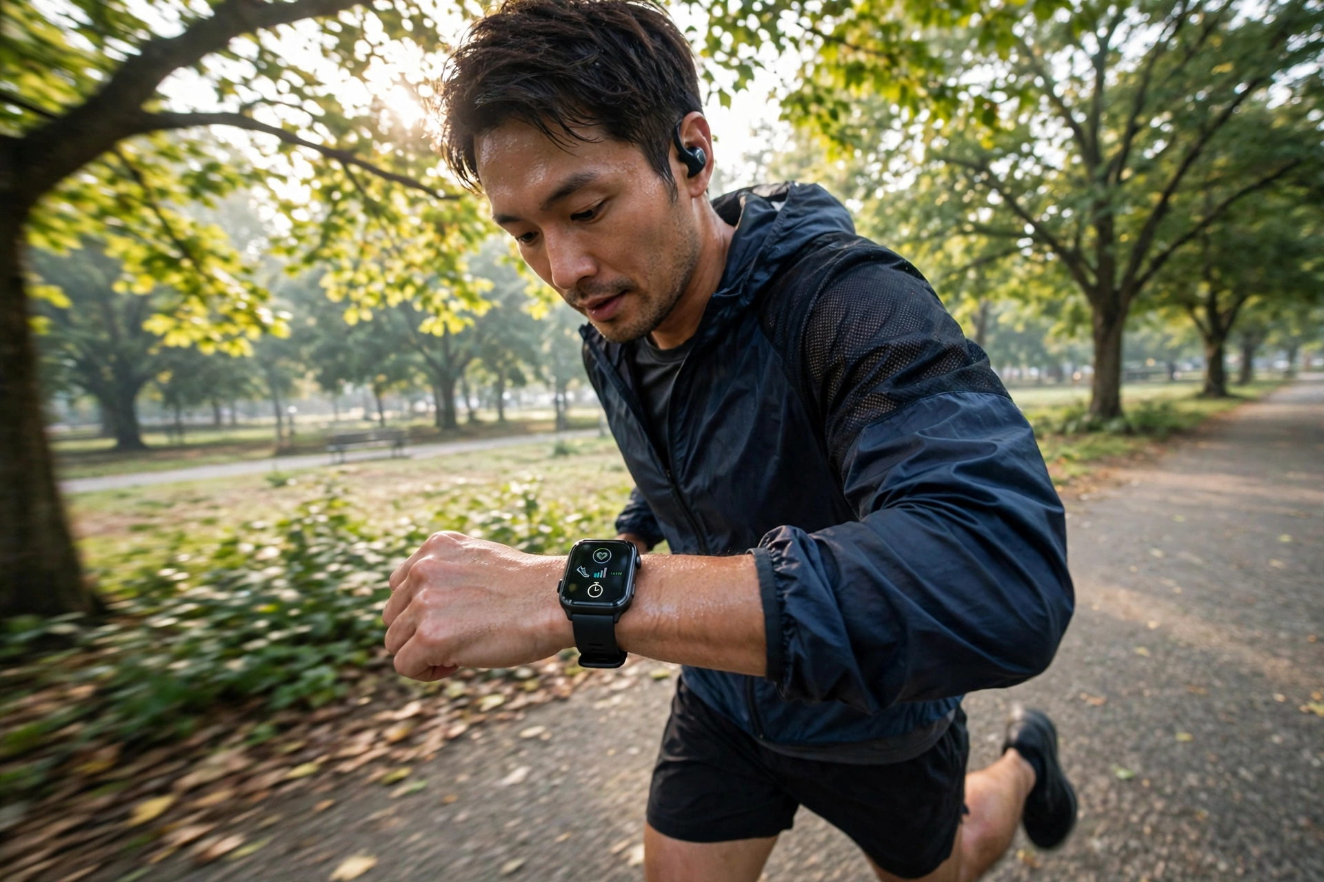 Runner in a park glancing at a smartwatch workout display during a morning run