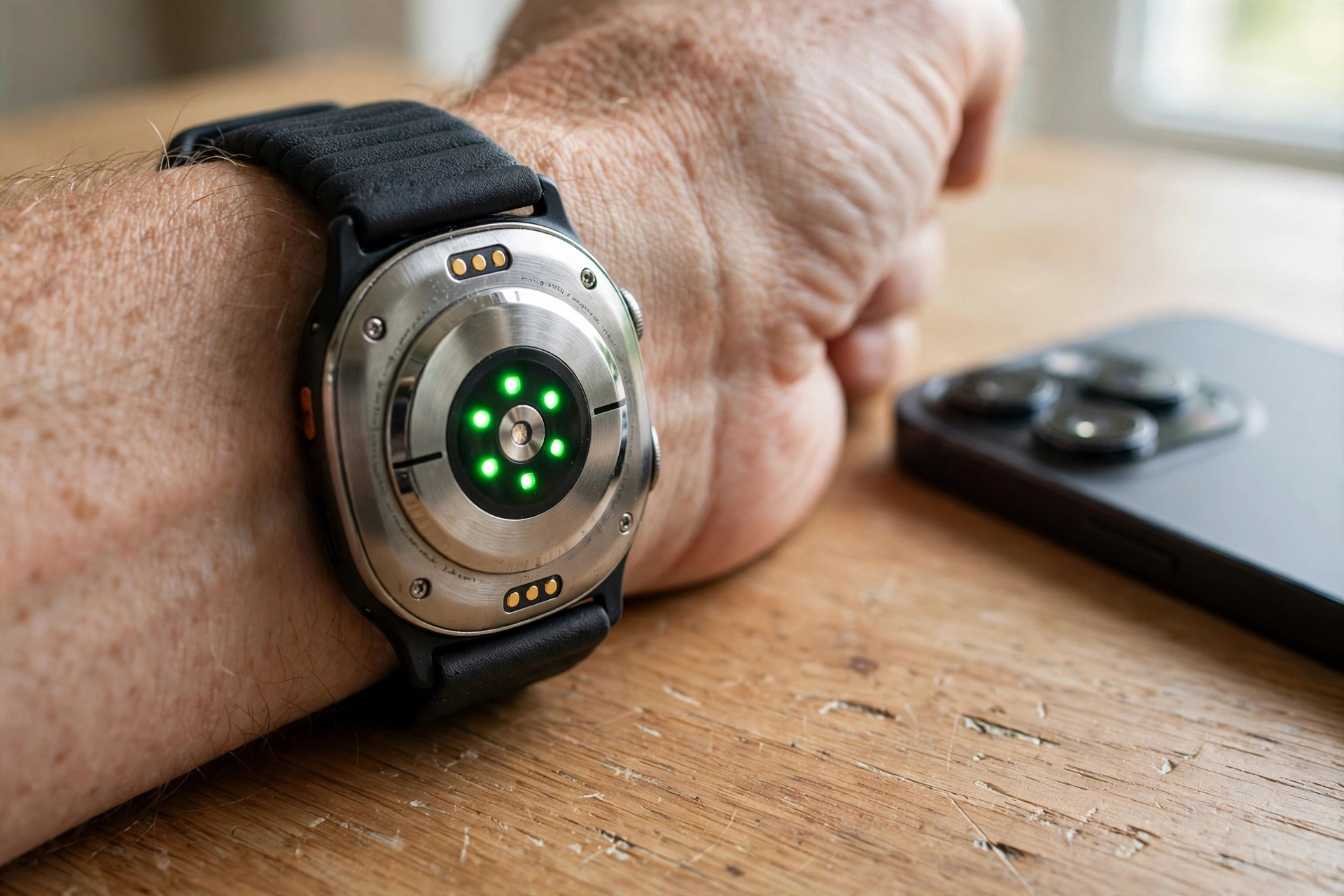 Back of a smartwatch showing its round green-light heart-rate sensor beside a phone on a wooden desk
