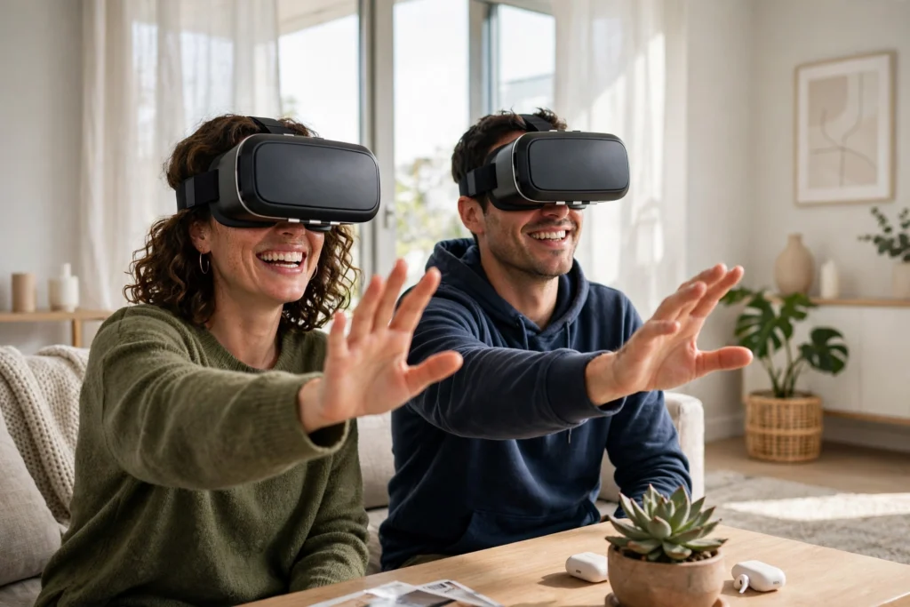 Two friends wearing VR headsets smiling and reaching out toward each other in a bright living room