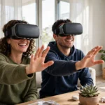 Two friends wearing VR headsets smiling and reaching out toward each other in a bright living room