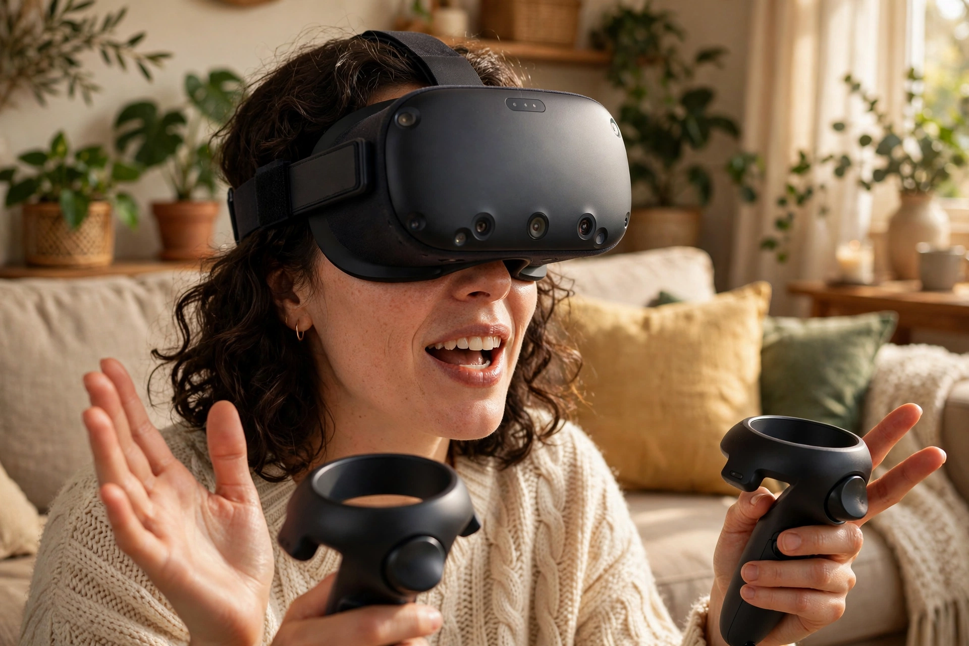 Woman wearing a VR headset holding two controllers and gesturing while talking in a cozy living room