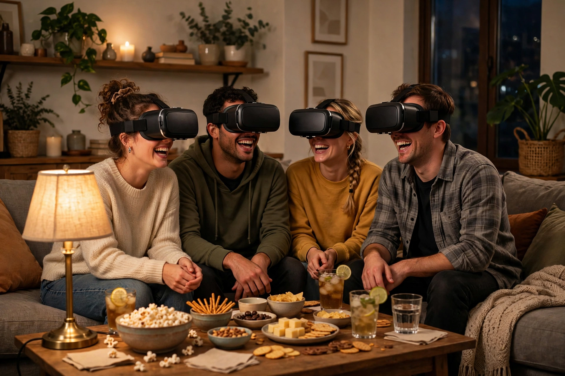Four friends wearing VR headsets laughing together on a sofa during a virtual game night with snacks on the table