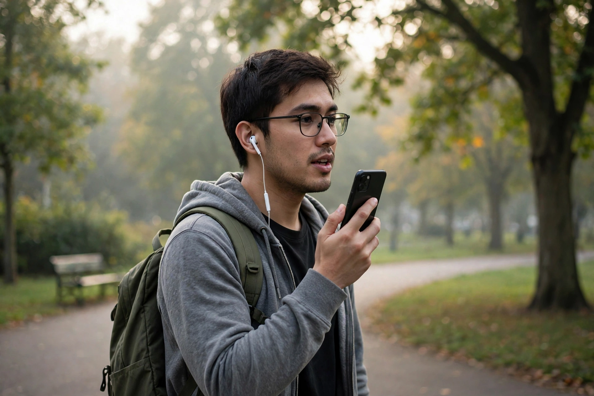 Man wearing earbuds dictating notes into his phone while walking in a park
