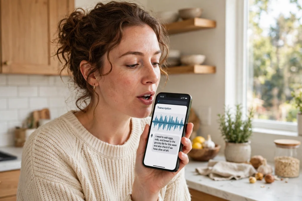 Woman speaking into a smartphone in a bright kitchen while the phone shows a live voice transcription