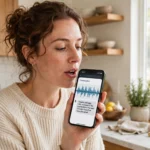 Woman speaking into a smartphone in a bright kitchen while the phone shows a live voice transcription