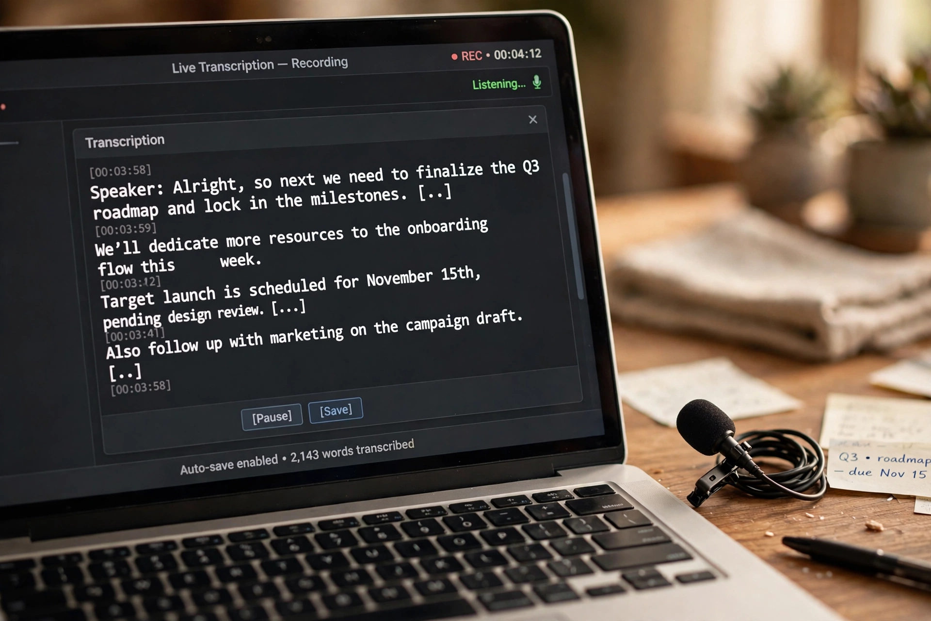 Laptop showing a live meeting transcription beside a small microphone on a desk