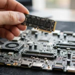 Hand holding a small black M.2 SSD above a laptop motherboard