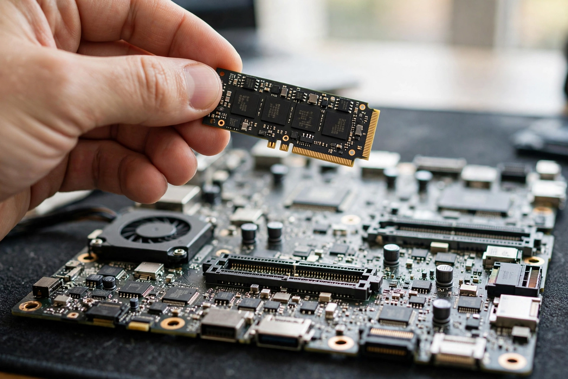 Hand holding a small black M.2 SSD above a laptop motherboard