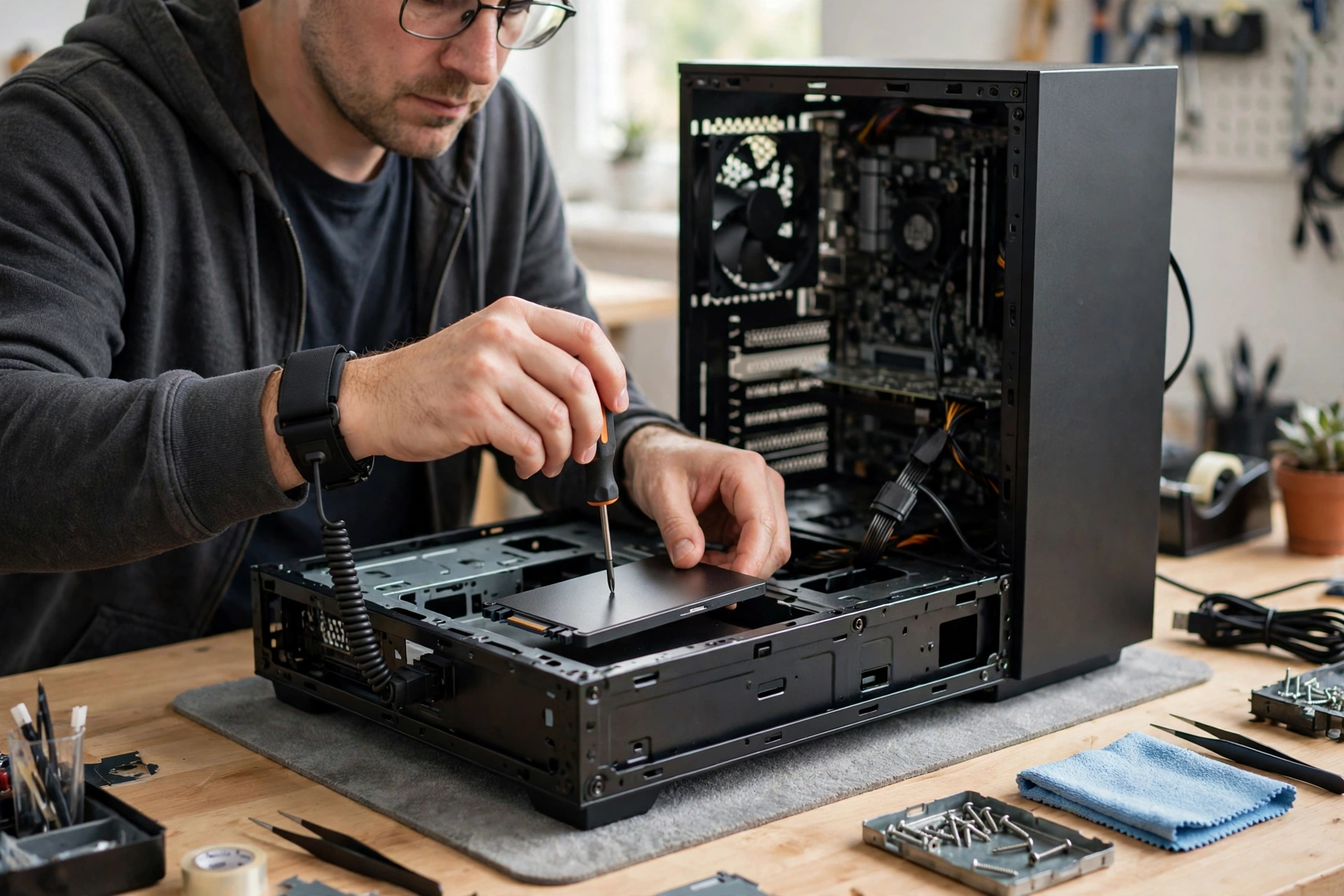 Person installing a 2.5-inch SSD into an open desktop computer case on a workbench