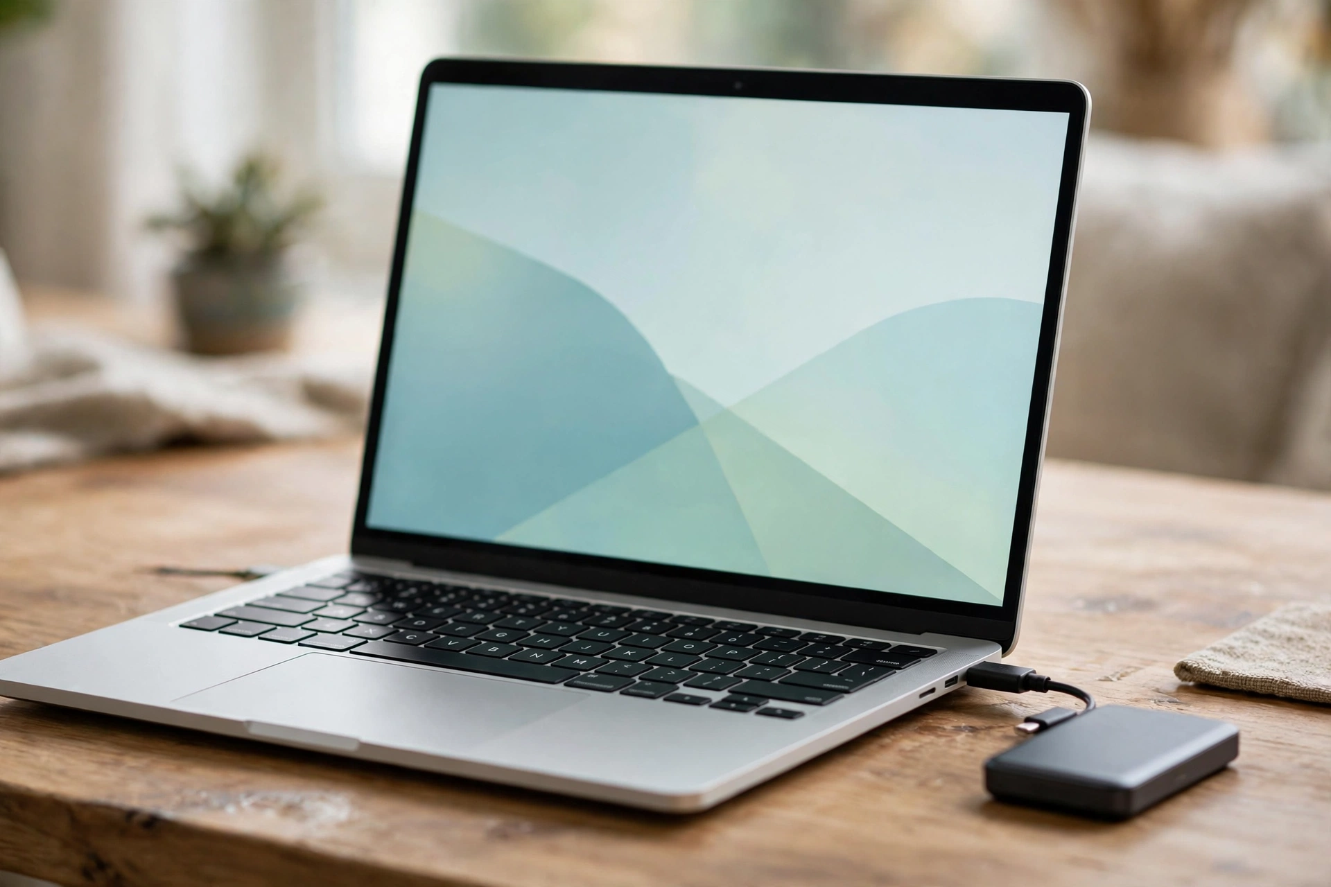 Laptop on a wooden desk with a small portable SSD connected by a cable