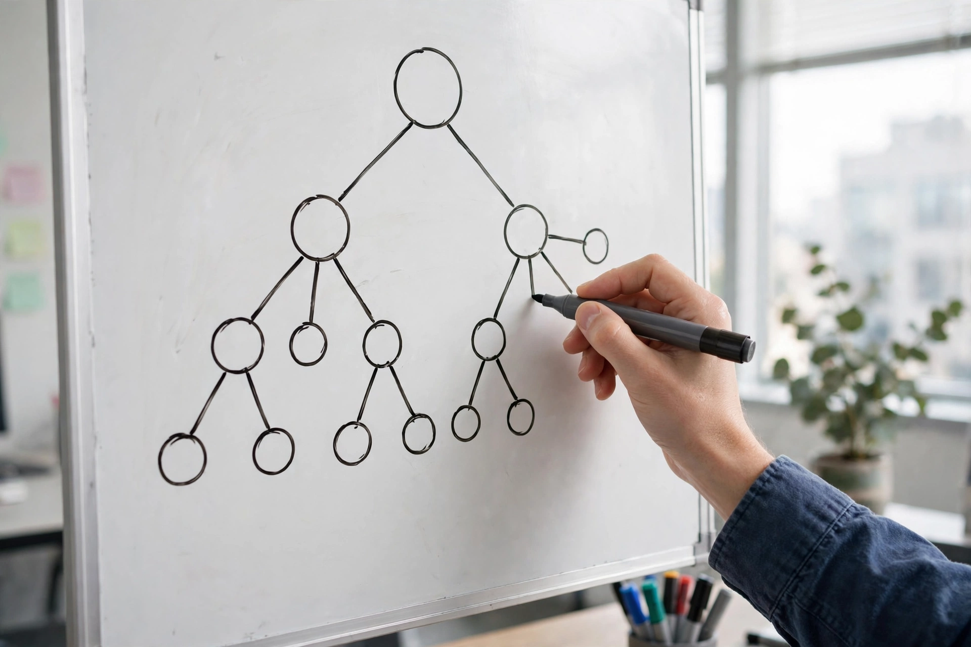 Hand drawing a decision tree diagram on a whiteboard