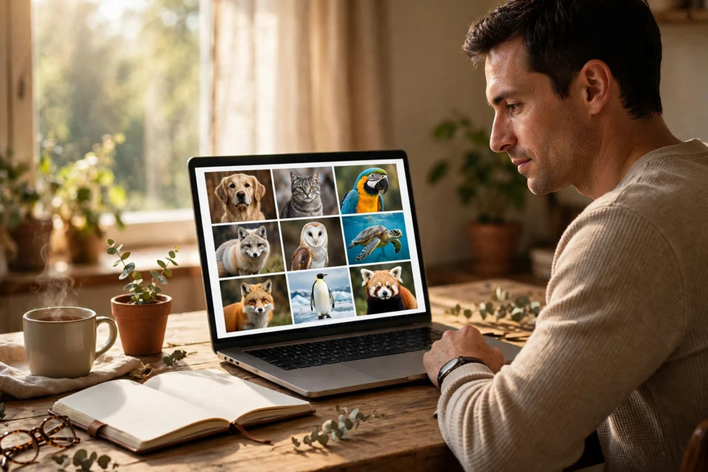 Man reviewing a laptop screen showing a grid of labeled animal photos for supervised learning