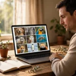 Man reviewing a laptop screen showing a grid of labeled animal photos for supervised learning