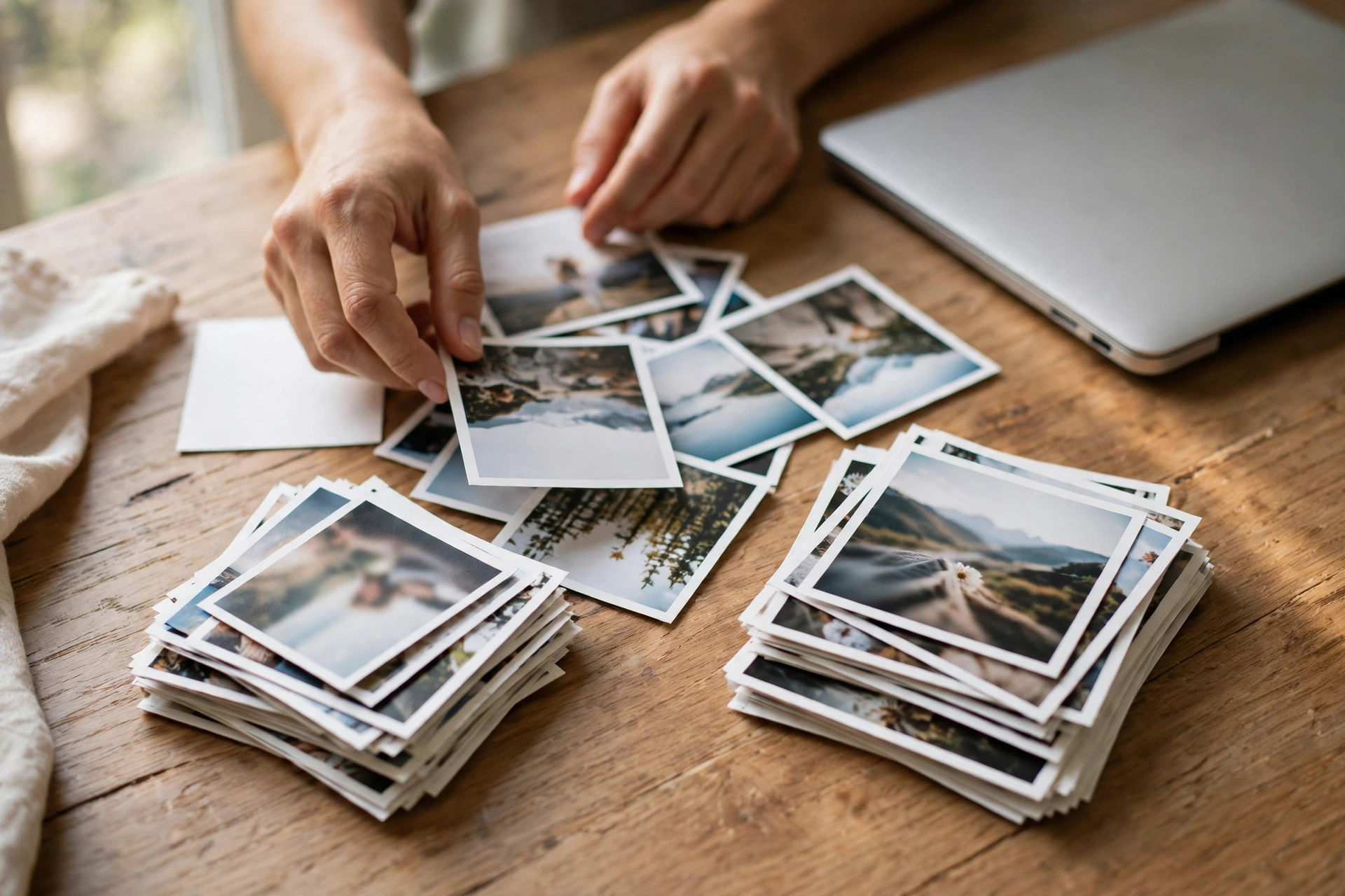 Hands sorting printed photographs into piles on a wooden table