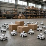 Many small white wheeled swarm robots spread out around cardboard boxes on a warehouse floor