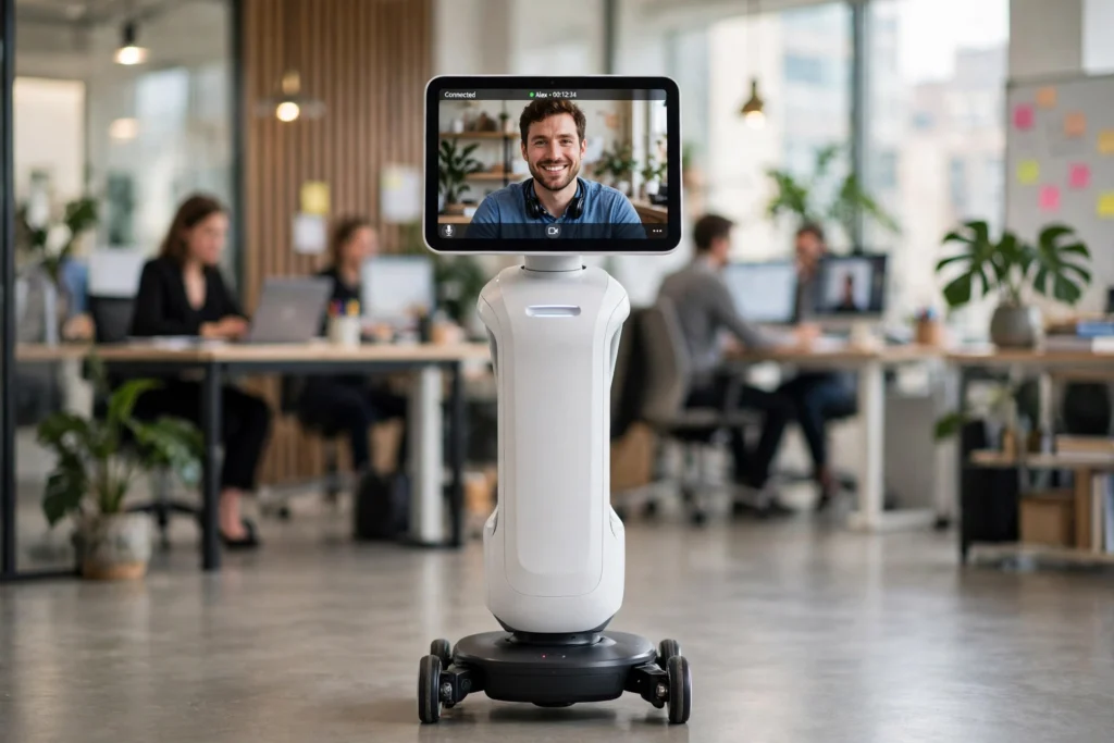 Telepresence robot with a video screen in an office