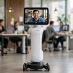 Telepresence robot with a video screen in an office