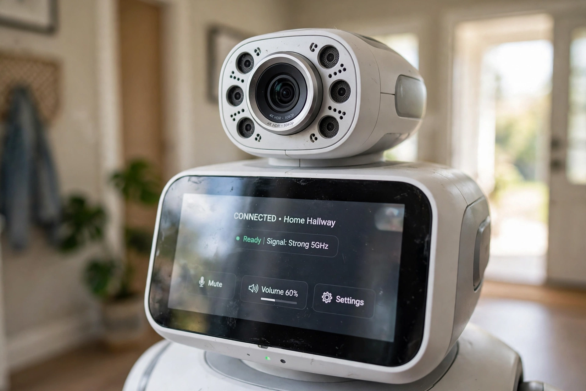 Close-up of a telepresence robot camera, microphones and screen in a bright home hallway