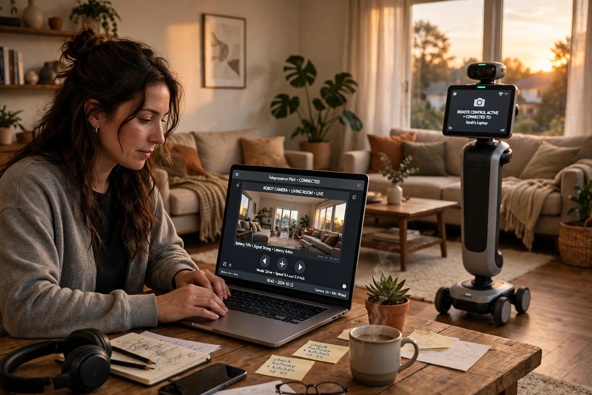 Woman at a laptop controlling a telepresence robot rolling through a living room at sunset