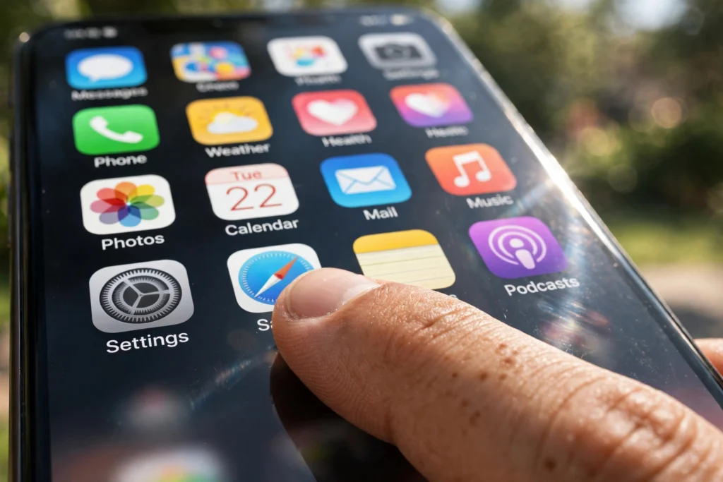 Fingertip tapping a smartphone touchscreen showing colorful app icons