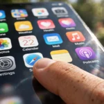 Fingertip tapping a smartphone touchscreen showing colorful app icons