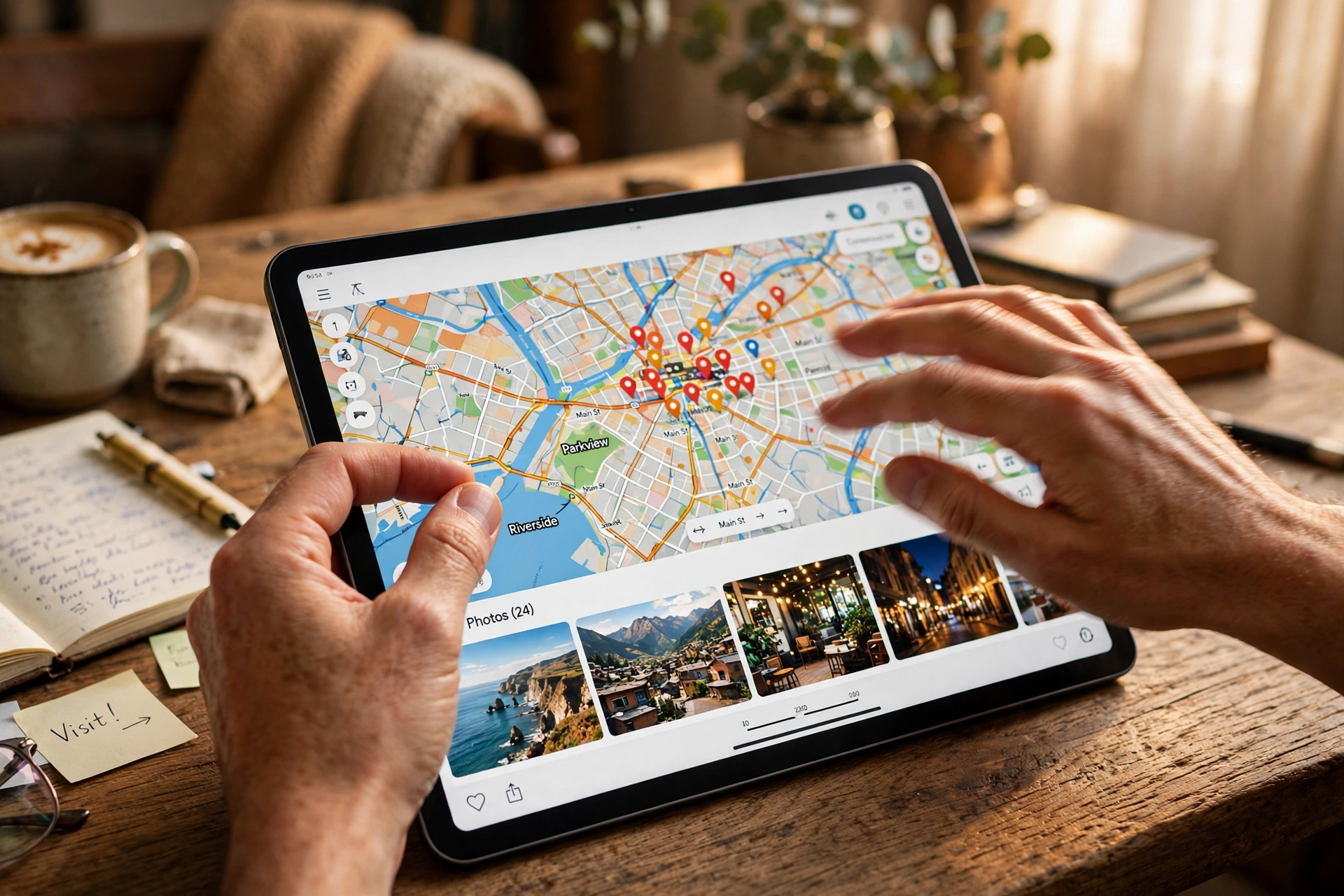 Hands pinching to zoom on a tablet touchscreen showing a city map