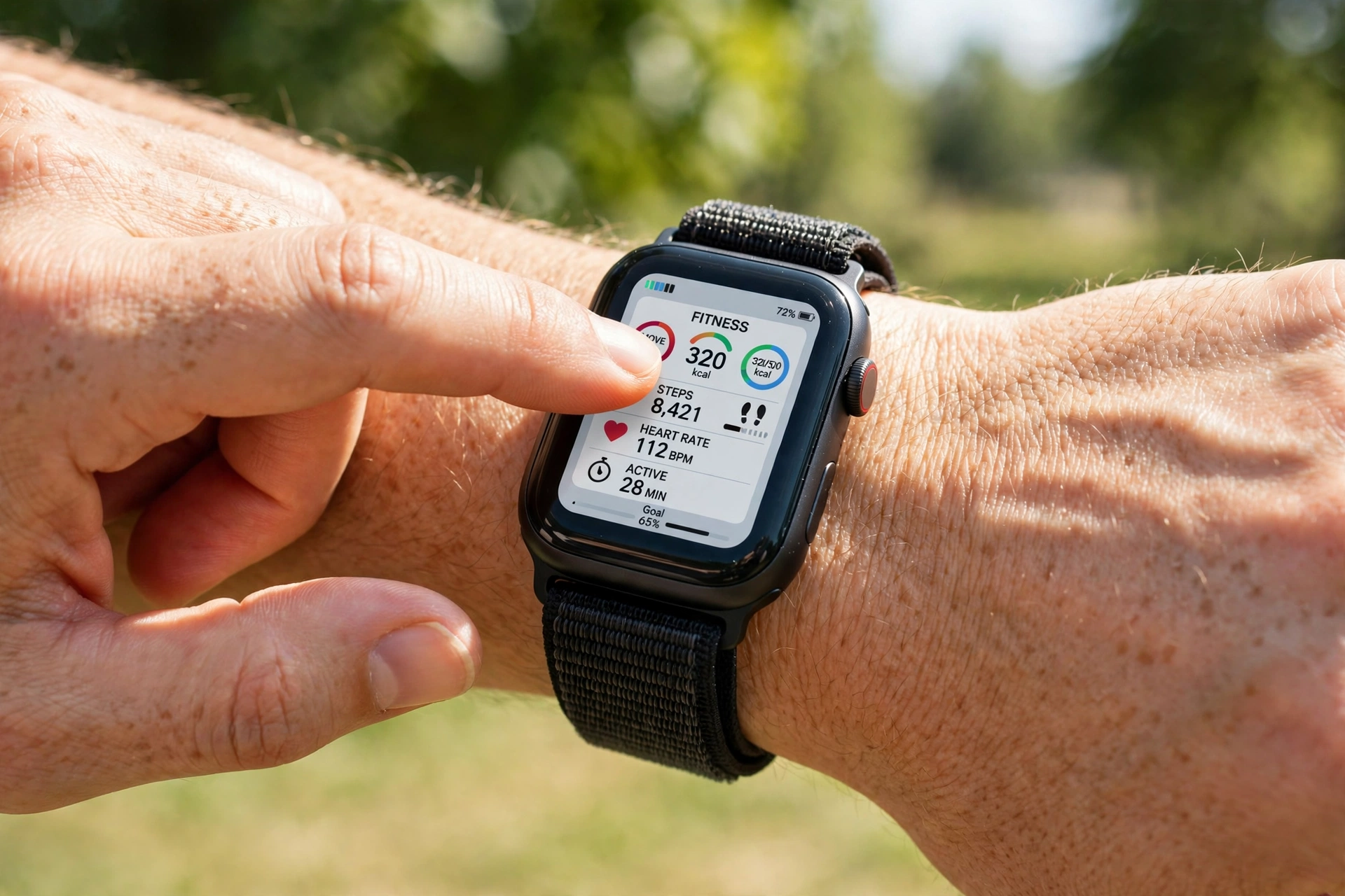 Finger tapping a smartwatch touchscreen showing a fitness app