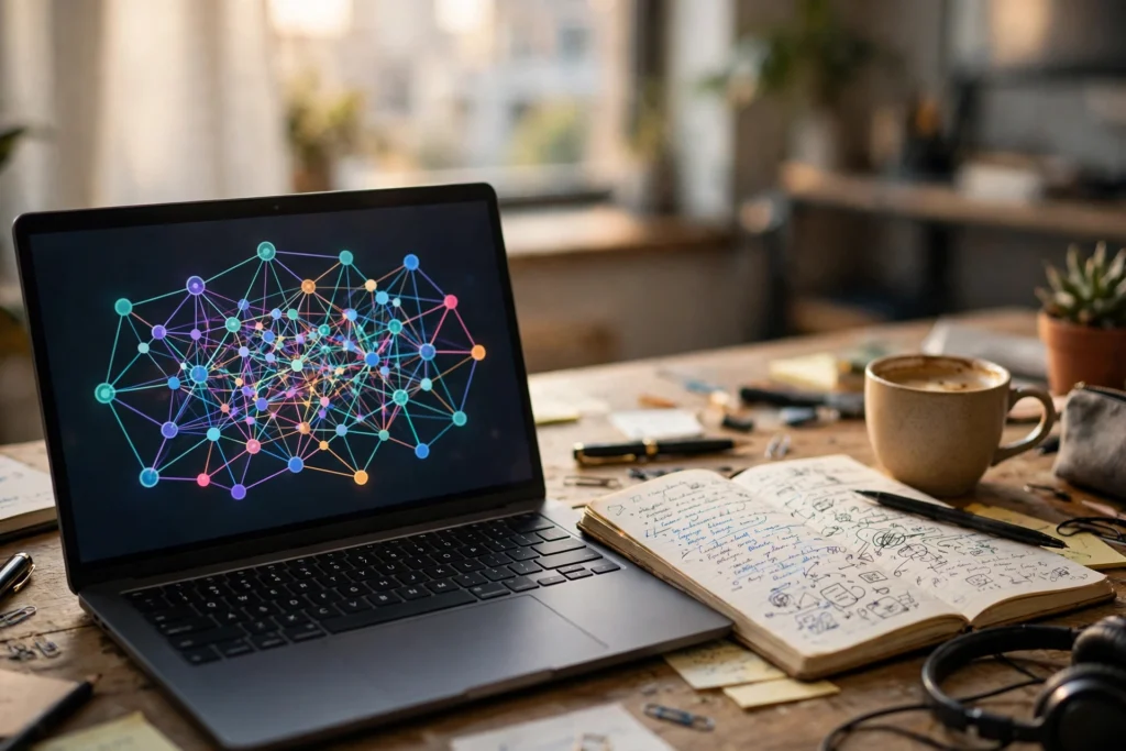 Laptop on a desk showing a colourful neural network diagram, with a notebook of handwritten notes beside it