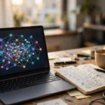 Laptop on a desk showing a colourful neural network diagram, with a notebook of handwritten notes beside it