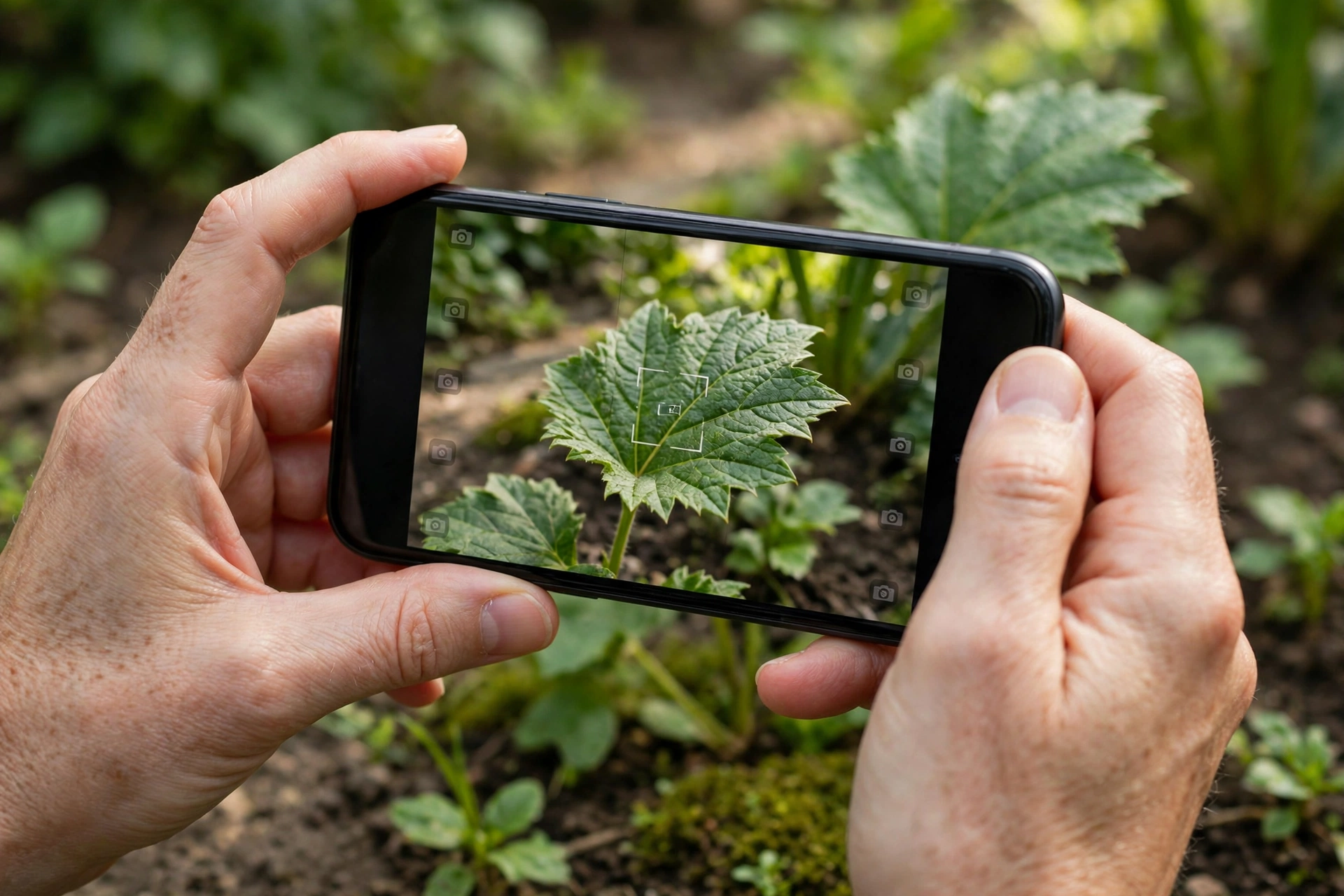 Hands holding a phone photographing a large green plant leaf, an example of a phone camera identifying a plant